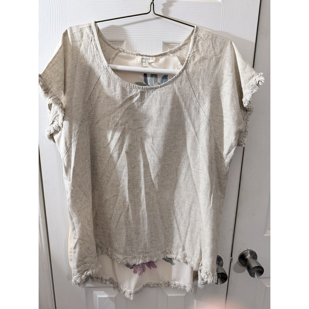 Umgee Cheri Womens Top Beige With Floral Print Back Fringe Hems XL